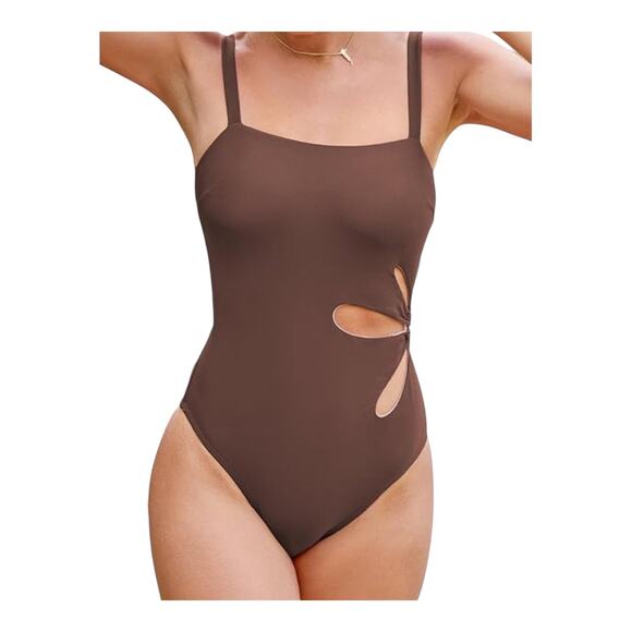 NEW Cupshe SWIMSUIT Women's MED Brown Square Neck Petal Cutout One PC Swimsuit - Picture 11 of 12